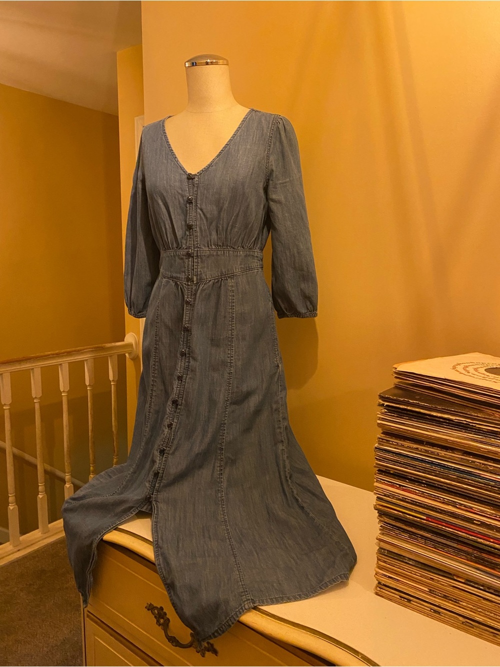 🦋MADEWELLjust in 🌟 Puffy sleeve fitted waist Denim Button-Front Blue Jean 💙